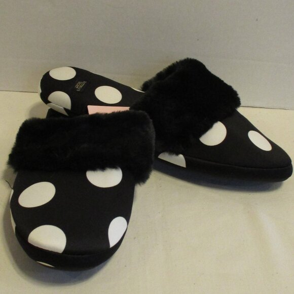 Victoria Secret NEW Woman Large (9-10) Black White Fuzzy Slippers With Case - Picture 2 of 9